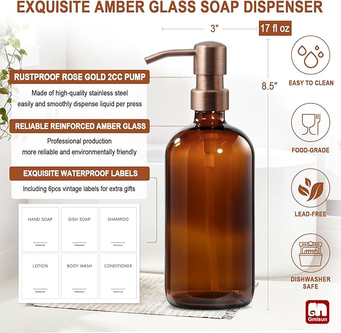 GMISUN Amber Glass Soap Dispenser, 2 Pack Bathroom Hand Soap Dispensers - Image 3