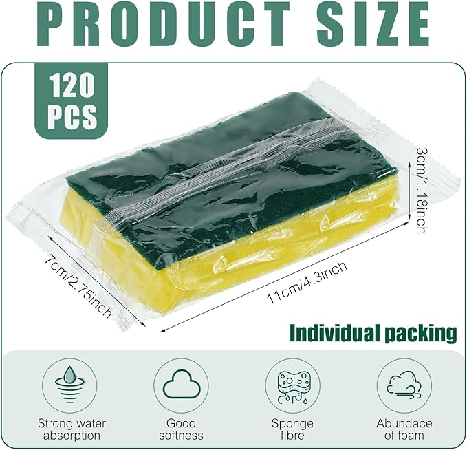 Tanlade 120 Pcs Individually Wrapped Sponge Dishwashing Sponge Bulk Non Scratch - Image 2