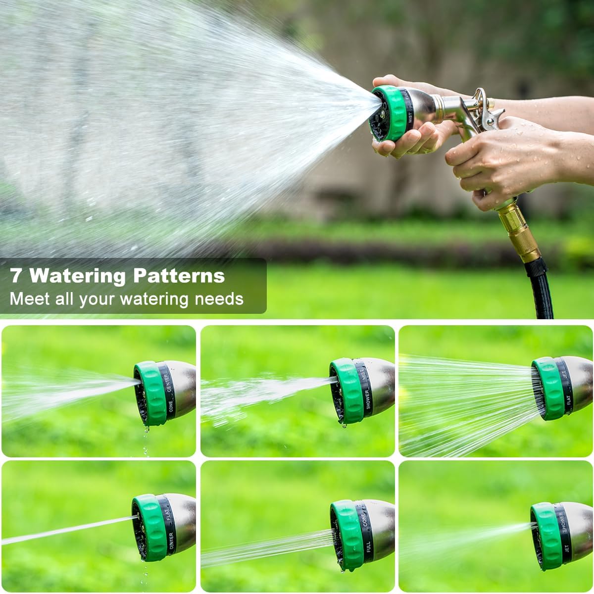 Upgraded 100% Metal Garden Hose Nozzle Heavy Duty, 7 Spray Patterns