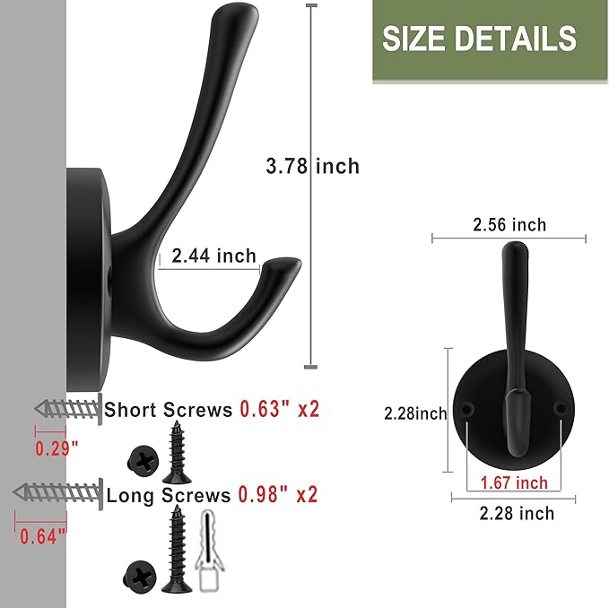 Black Wall Hooks, 6 Pack Coat Towel Hook Heavy Duty Metal Double Bath Robe Hook - Image 7