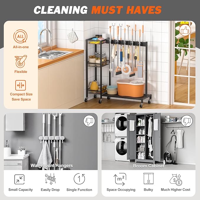 Broom Holder with Cleaning Supplies Organizer, Broom Closet Storage Cabinet - Image 5