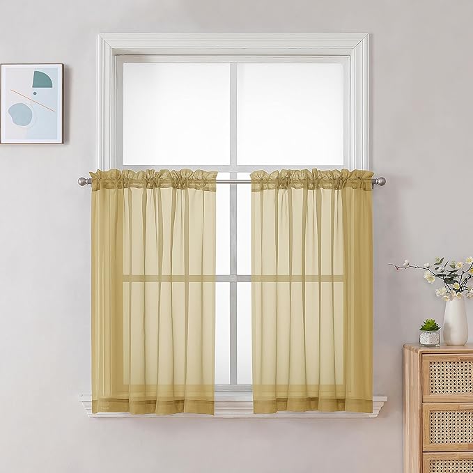 Chyhomenyc Sheer Gold Kitchen Tier Curtains 24 Inch Length Set, Small Window by Chyhomenyc