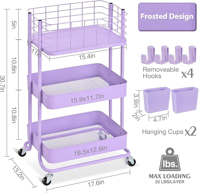 KINGRACK 3 Tier Rolling Cart, Metal Mobile Storage Shelf - Image 2