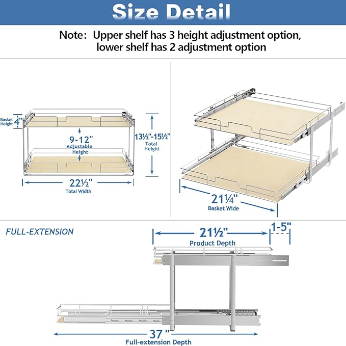 ROOMTEC 2 Tier Individual Pull Out Cabinet Organizer 22½"W x 21½"D, Slide Out - Image 3