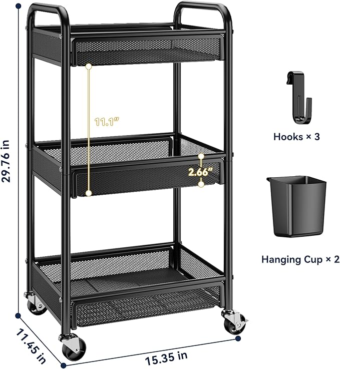 YASONIC 3 Tier Rolling Cart – Metal Utility Storage Cart - Image 6