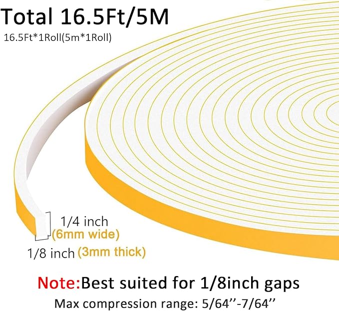 Weather Stripping Door Seal 1/4 inch Wide x 1/8 inch Thick Foam Insulation Door - Image 3