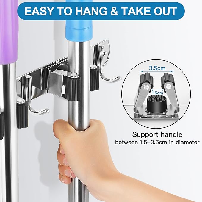 IMILLET 2 Broom Holder Wall Mounted, Stainless Steel Broom Mop Holder Self - Image 3