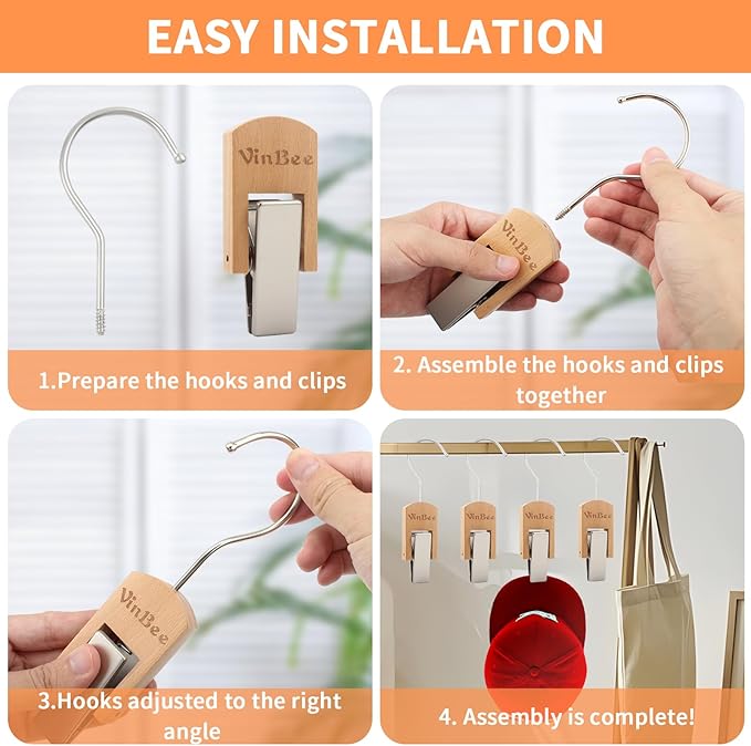 VinBee 6 PCS Hooks with Clips for Hanging, Wooden Laundry Hooks Hanging Clips - Image 3