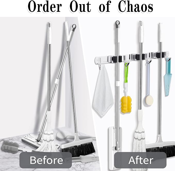 3 Racks and 4 Hooks Broom and Mop Holder Wall Mounted Garage Organizer Storage - Image 6