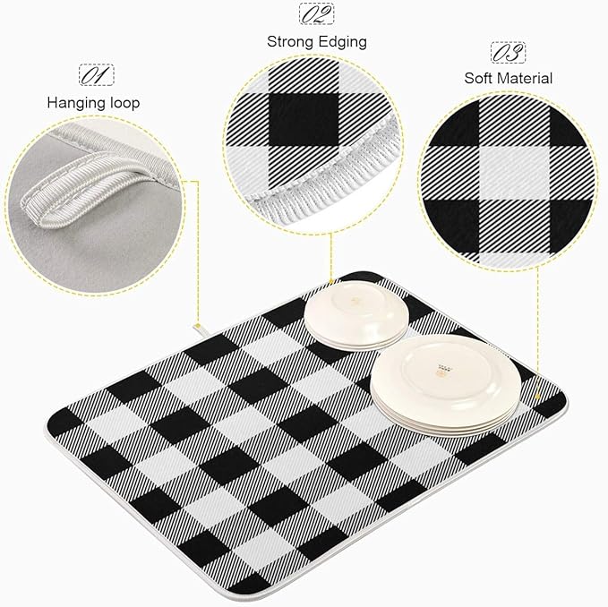 White and Black Buffalo Plaid Dish Drying Mat 18x24 - Image 4