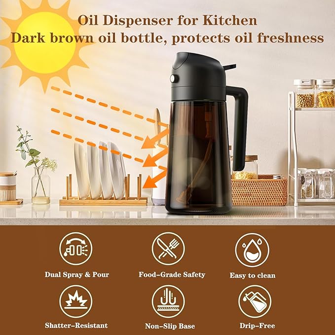 2-in-1 Glass Oil Dispenser & Sprayer - 16oz/470ml Leakproof Olive Oil Sprayer - Image 3