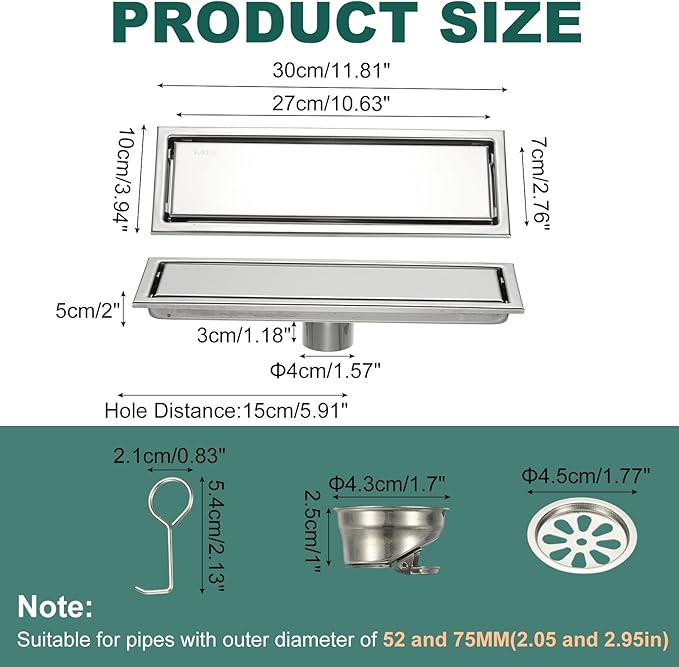 uxcell Rectangular Shower Drain, Brushed 304 Stainless Steel Odor-Proof Floor - Image 2