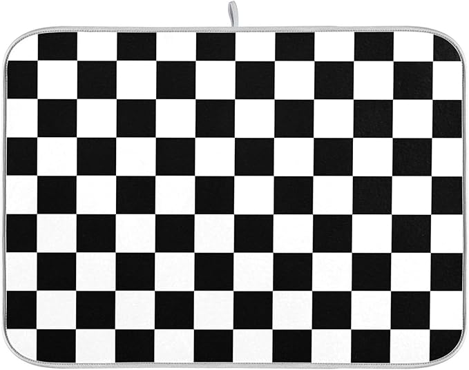 Black White Chessboard Dish Drying Mat by Wamika