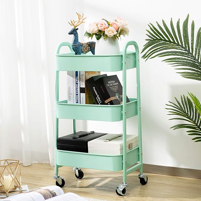 AGTEK Makeup Cart, Movable Rolling Organizer Cart, Macaron Blue 3 Tier Metal - Image 2