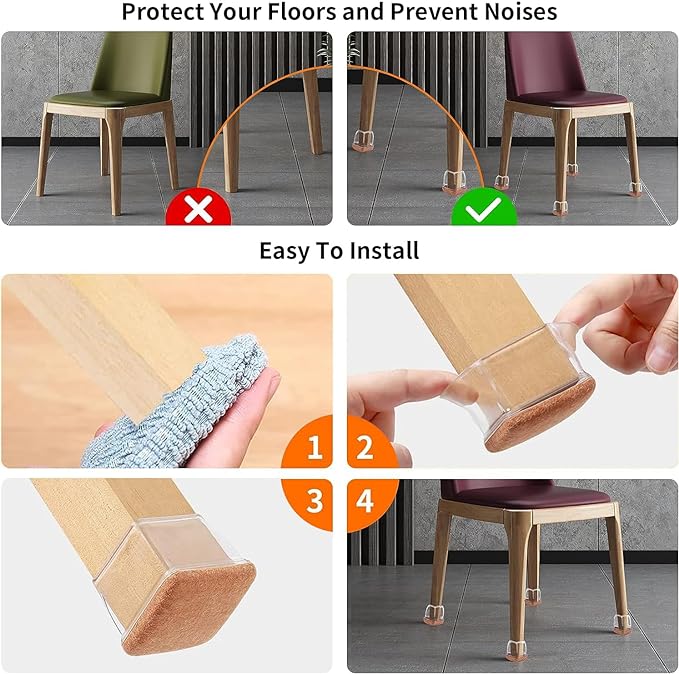 Ezprotekt 24 Pcs XL Square Clear Chair Leg Floor Protectors, Silicone Felt - Image 6