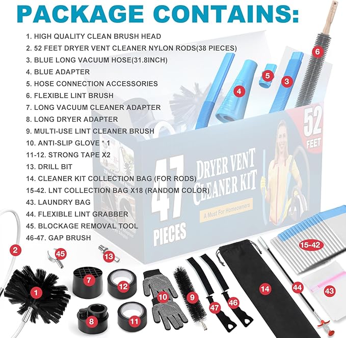 Sealegend 47-Piece 52-Feet Dryer Vent Cleaner Kit, Dryer Cleaning Tools - Image 6