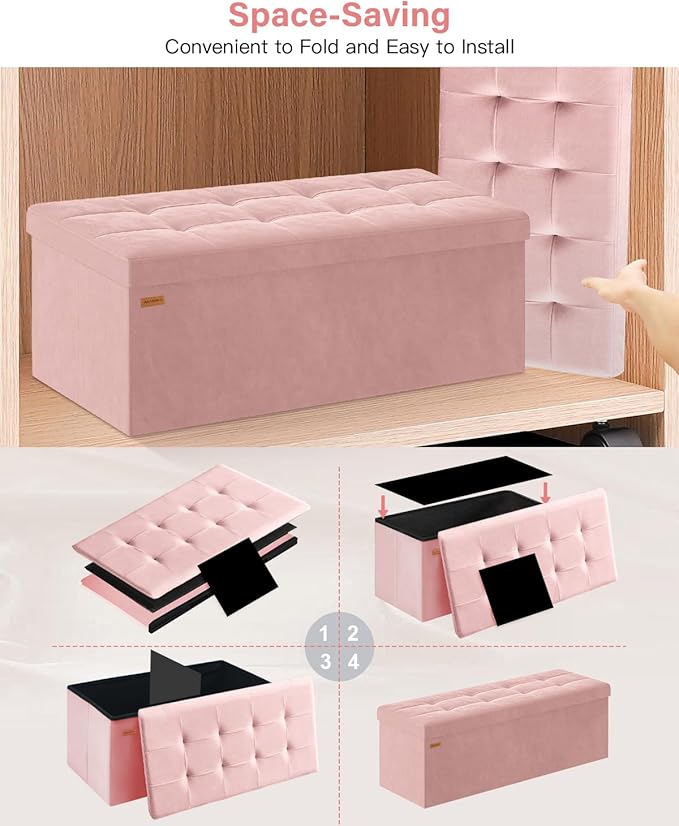Folding Storage Ottoman, Velvet Storage Bench, Removable Divider, - Image 7