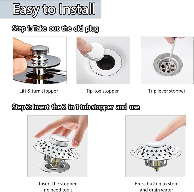 Tub Stopper Bathtub Drain Hair Catcher, 2 in 1 Bathtub Drain Stopper, Bathtub - Image 5