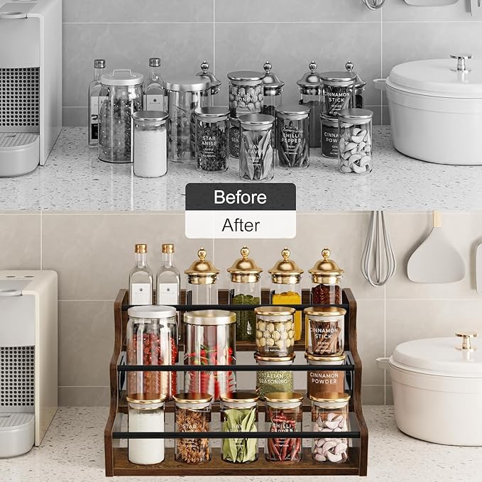 AT-VALY 3-Tier Spice Rack, Iron&MDF Kitchen Storage Shelf, Space-Saving - Image 7