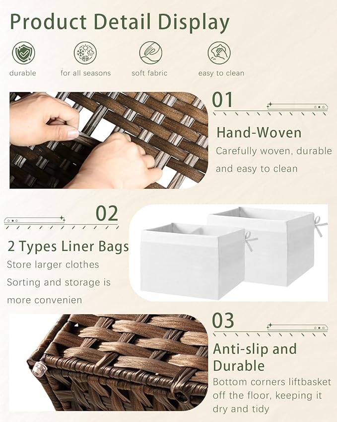 Storage Basket with Lid Rattan Storage Basket with 2 Separate Lid, 27.8 Gallon - Image 3