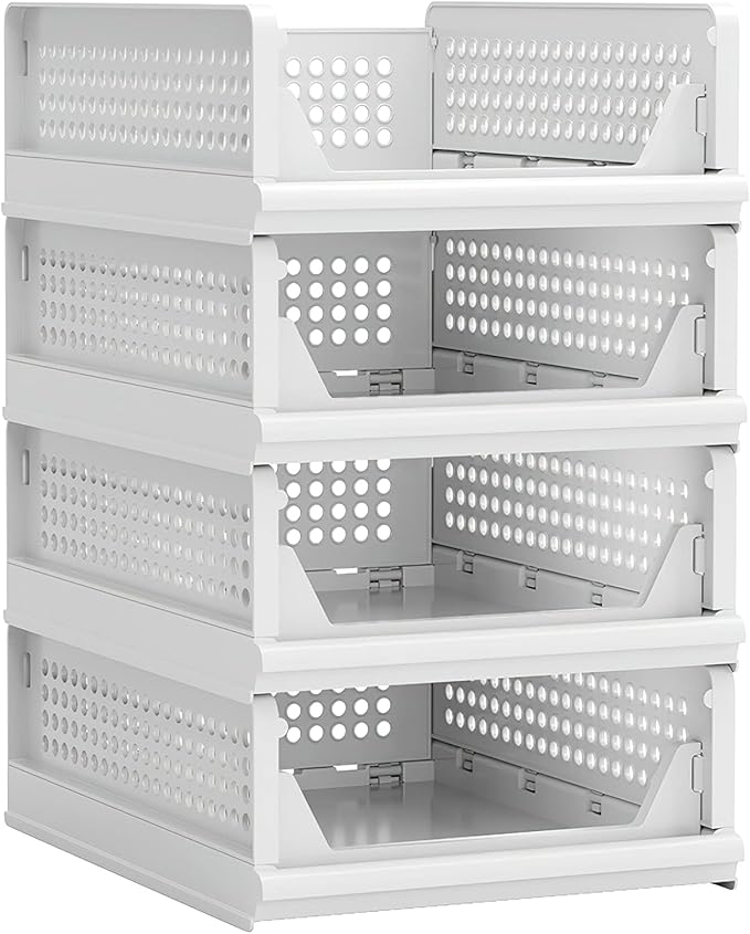 Proarea 4 Pack Stackable Plastic Storage Basket Closet Organizer Bin Foldable by Proarea