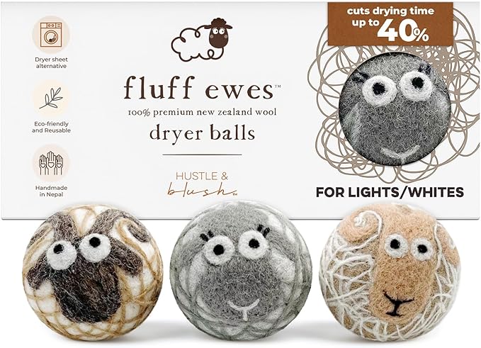 Fluff Ewes Wool Dryer Balls 3 Pack Premium New Zealand Wool Laundry Balls by HustleBlush