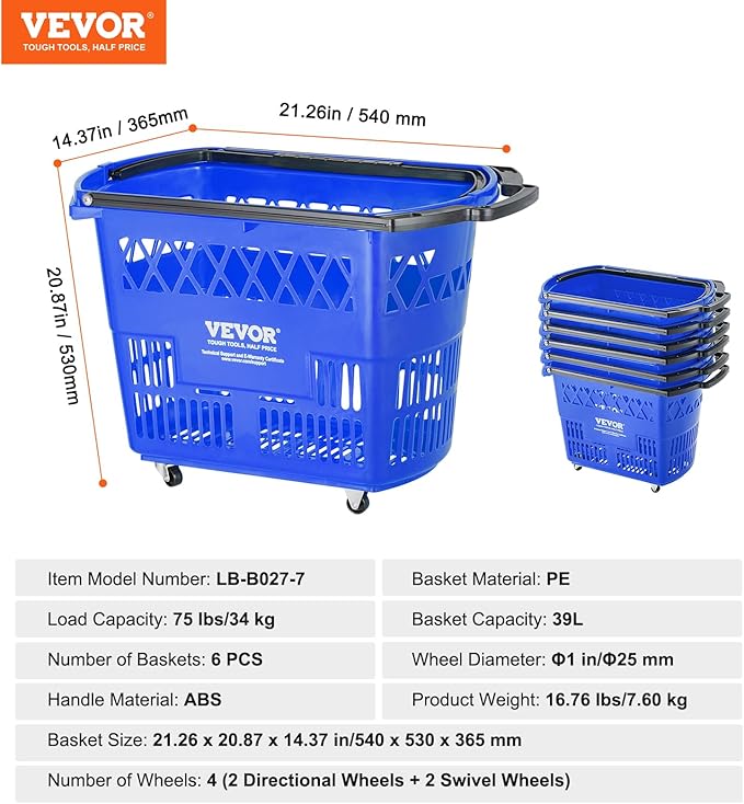 VEVOR Shopping Carts with Handles, 39L Plastic Rolling Shopping Basket with - Image 7