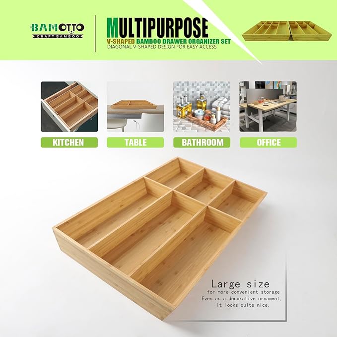V-Shaped Extra Large Bamboo Drawer Organizer Set of 2, Kitchen Cutlery Tray - Image 5