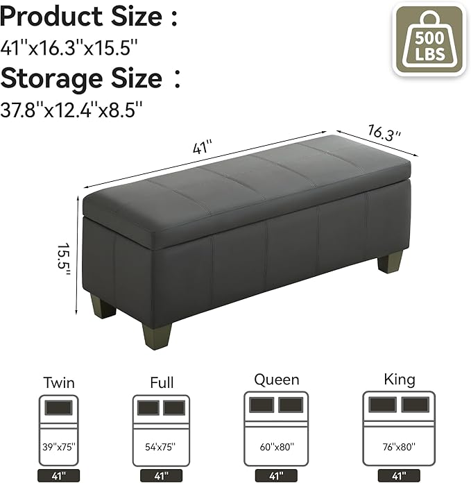 41" Faux Leather Storage Ottoman, Stitch Tufted Rectangle Upholstered End of - Image 2