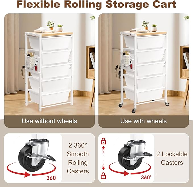 Rolling Cart with Drawers, Rolling Storage Cart with 5 Large Plastic Drawers & - Image 4