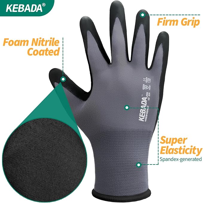 Kebada Work Gloves for Men and Women, Foam Nitrile Coated Safety Gloves - Image 7