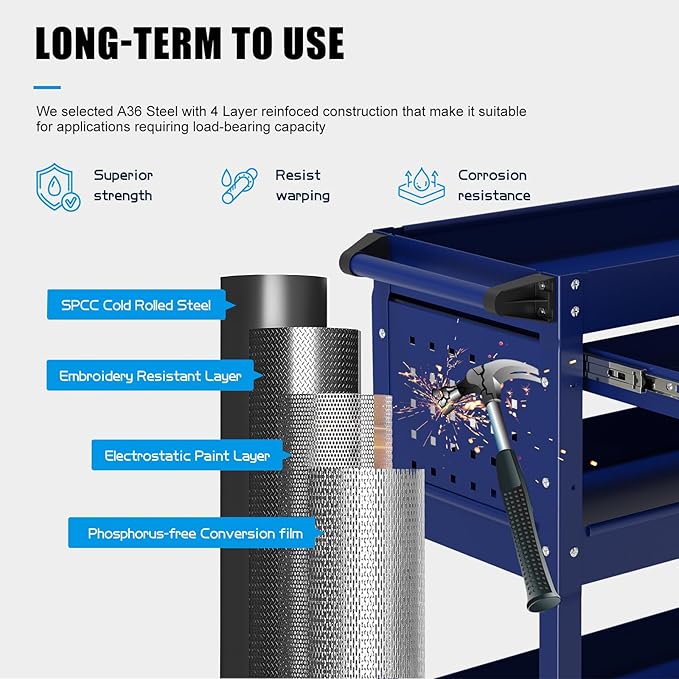 3 Tier Heavy Duty Tool Cart, Mechanic Metal Rolling Tool Carts Work Cart - Image 2