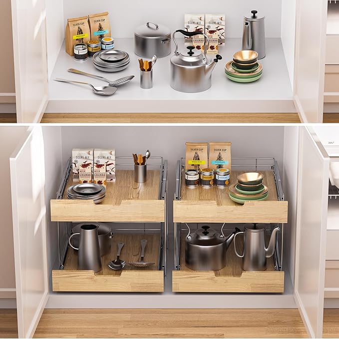 Pull Out Cabinet Organizer, Heavy-Duty Slide Out Shelf, Wood and Wire Basket - Image 7