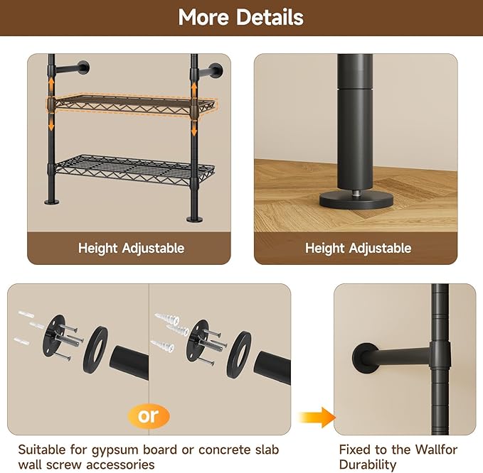 ONBRILL L4 Wall Mounted Industrial Pipe Clothing Rack, Closet Organizer System - Image 8