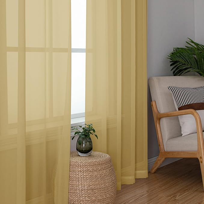 Chyhomenyc Sheer Gold Curtains 90 inches Long 2 Panels, Light Filtering Soft - Image 3