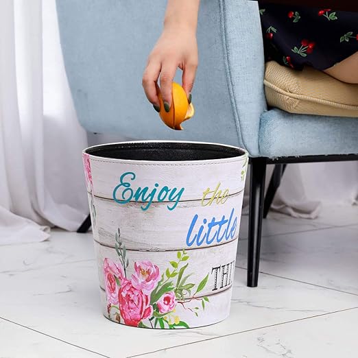 PU Leather Small Trash Can Wastebasket, Round Garbage Container Basket - Image 4