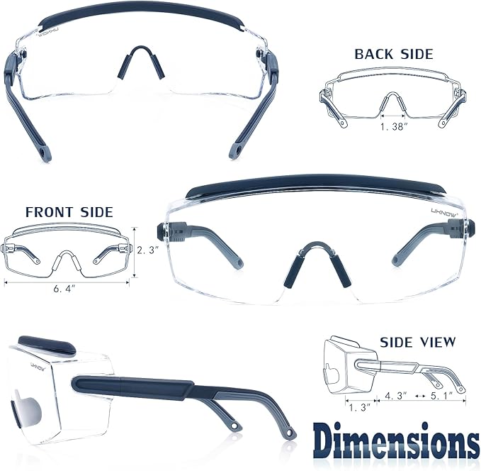 UKNOW Safety Goggles Over Glasses, Safety Glasses Anti Fog Wraparound Eye - Image 5