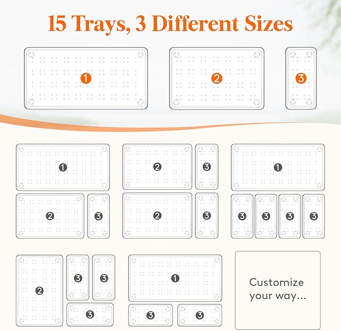 Lifewit 15 Pcs Large Bathroom Drawer Organizers, 3 Sizes Clear Plastic Storage - Image 3