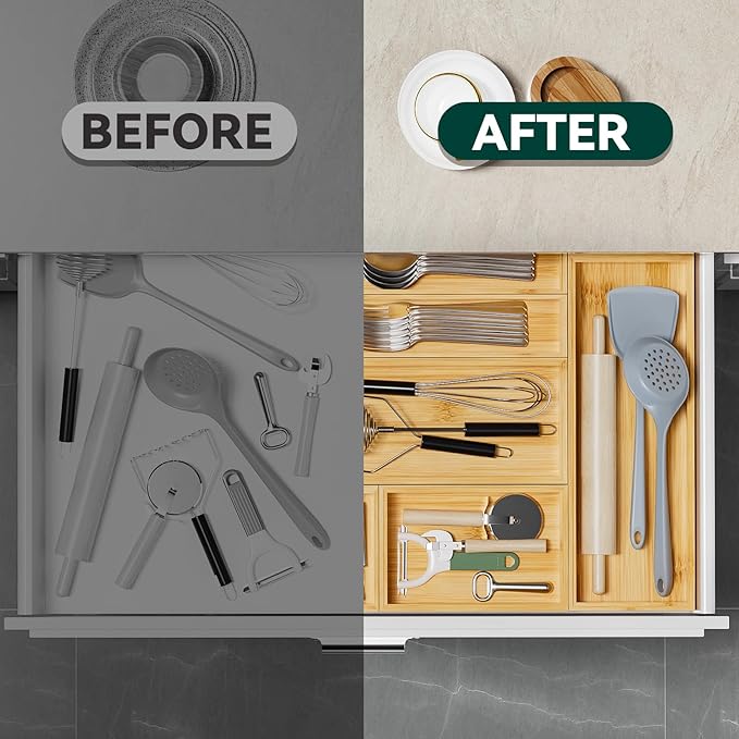 Bamboo Kitchen Drawer Organizer, Stackable Utensil Holder Silverware Organizer - Image 6