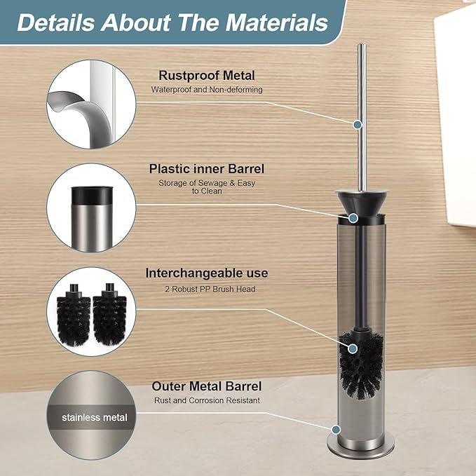 BGL Toilet Brush and Holder Set, Heavy Duty 304 Stainless Steel, Round Base and - Image 2