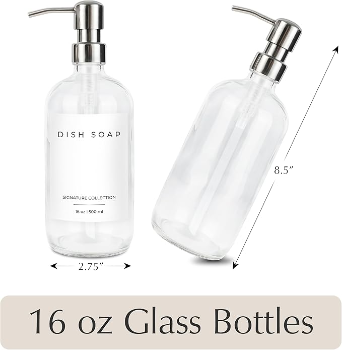 Emerson Essentials Glass Soap Bottle Dispensers, 2 Pack, Stainless-Steel Pumps - Image 2