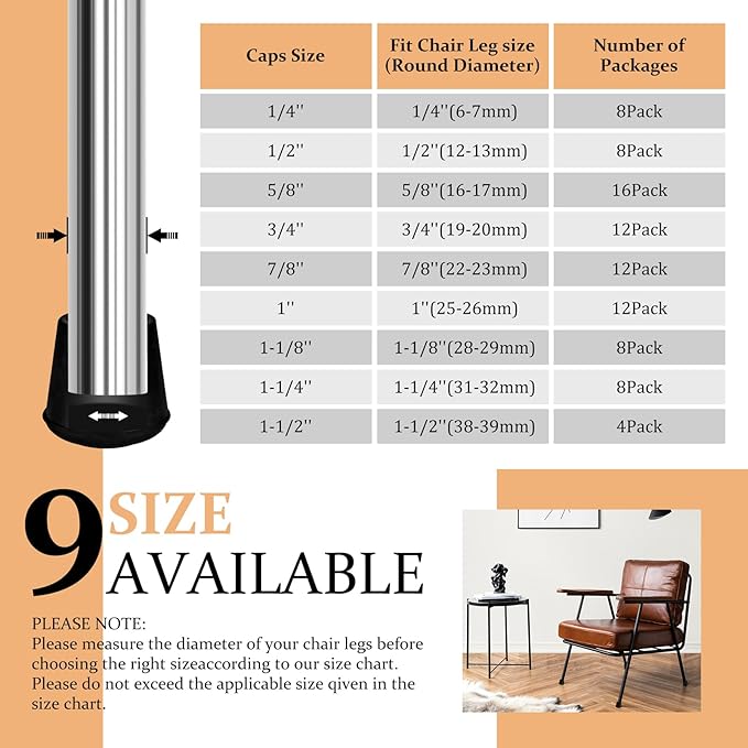 1-1/8” Round Rubber Chair Leg Tips Caps, Chair Leg Floor Protectors, Non-Slip - Image 6