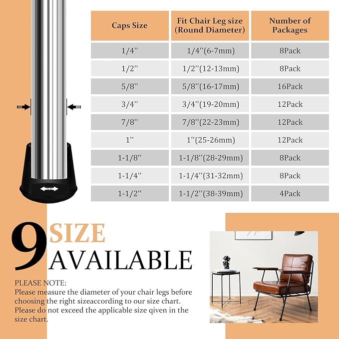 1-1/2” Round Rubber Chair Leg Tips Caps, Chair Leg Floor Protectors, Non-Slip - Image 6