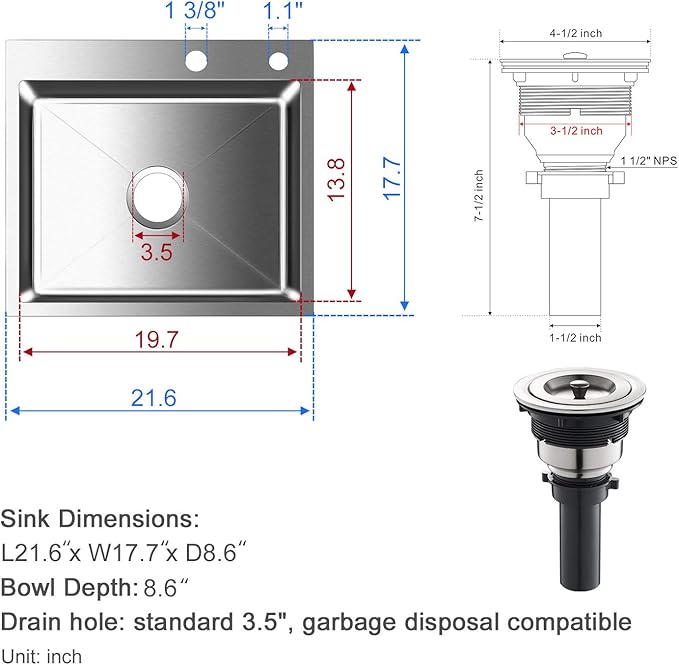 21.6x17.7 inch Drop in Kitchen Sink, Handmade 304 Stainless Steel Sink - Image 4