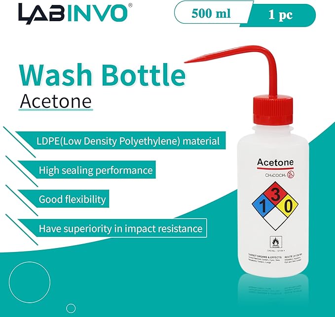 Acetone Wash Bottle, Narrow Mouth, Self-Venting Safety Wash Bottle, LDPE - Image 2