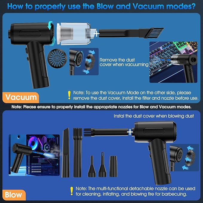 Compressed Air Duster, 100000RPM Handheld Car Vacuum/Air Blower& Pump, 3 Gear - Image 2