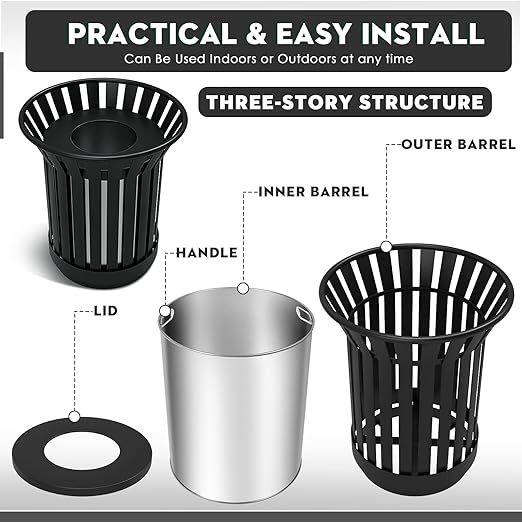 16Gallon/62L Commercial Outdoor & Indoor Metal Trash Can, Outdoor Slatted Trash - Image 5