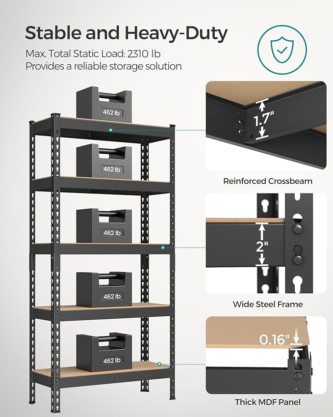 SONGMICS 5-Tier Storage Shelves, Load 2310 lb, Boltless Assembly, Adjustable - Image 4