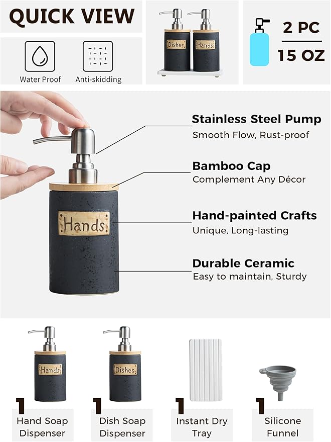 Kitchen Soap Dispenser Set, Ceramic Hand and Dish Soap Dispenser - Image 2