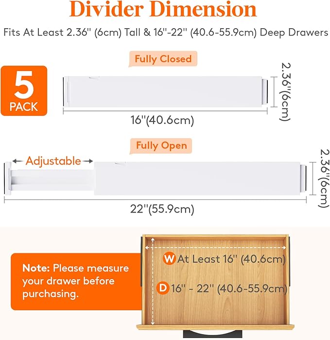 Lifewit 5 Pack Kitchen Drawer Dividers 2.36" High, Plastic Expandable - Image 3